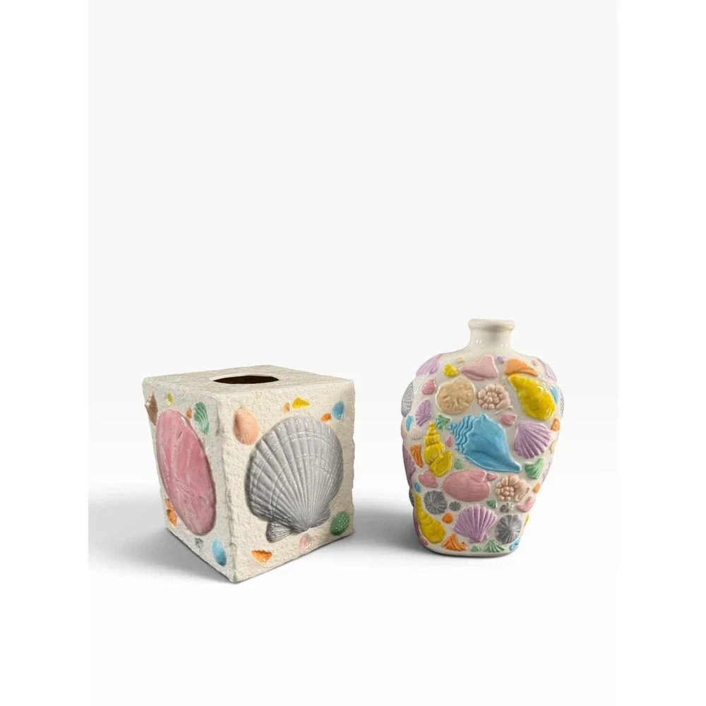 Tissue Box Cover Vase Ceramic Starfish Sea Shells Ocean Beach House Costal MCM